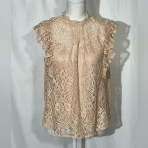 Melograno Rico Lace Top Beige Ruffle Short Sleeves and Liner Womens Large